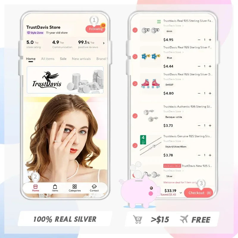 Trustdavis Real 925 Silver Fashion Gold Six Claw 3/4/5mm CZ Screw Stud Earrings for Women Daily Wear Fine Jewelry Gift DA2712