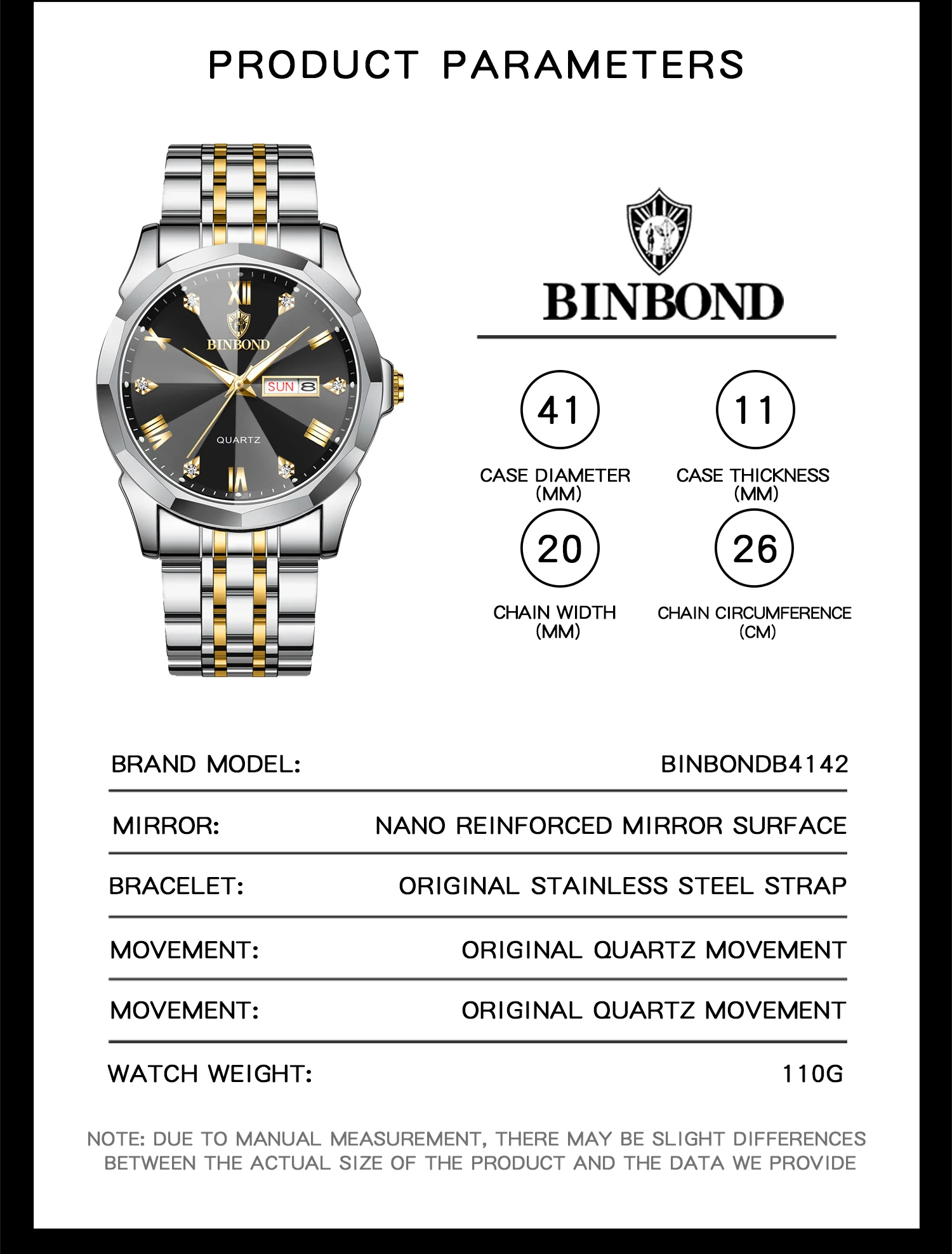 BINBOND Taper Glass Luxury Quartz Wristwatches For Men Luminous Waterproof Precise Durable men's Watch Stainless Steel Reloj