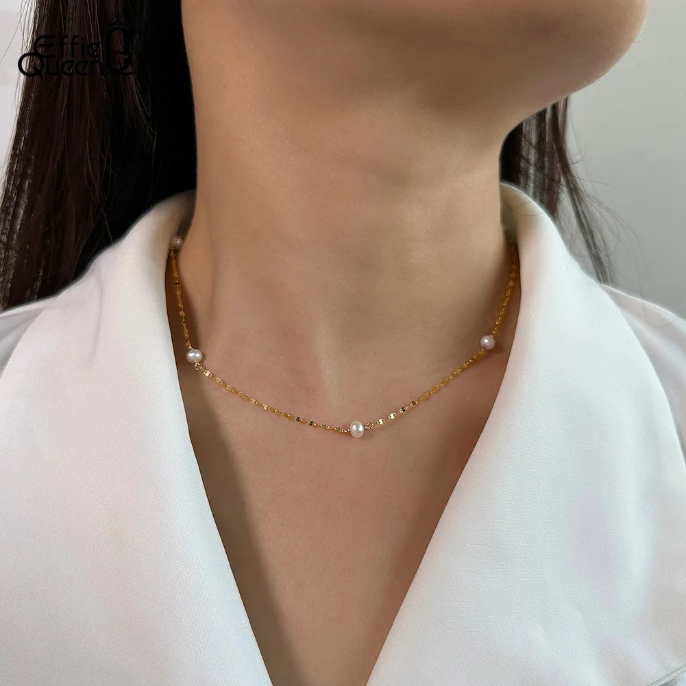 EFFIE QUEEN 925 Sterling Silver Fashion Simple Lip Chain Natural Pearl Necklace for Women Elegant Pearl Clavicle Jewelry GPN35