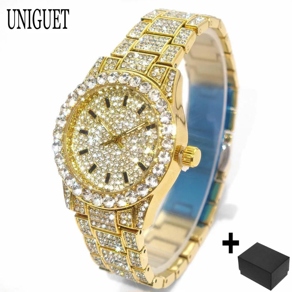 Hot Luxury Jewelry Watch For Women's UNIGUET Fashion Small Pink Dial Hip Hop Iced Diamond Quartz Wristwatch Small Size For Women