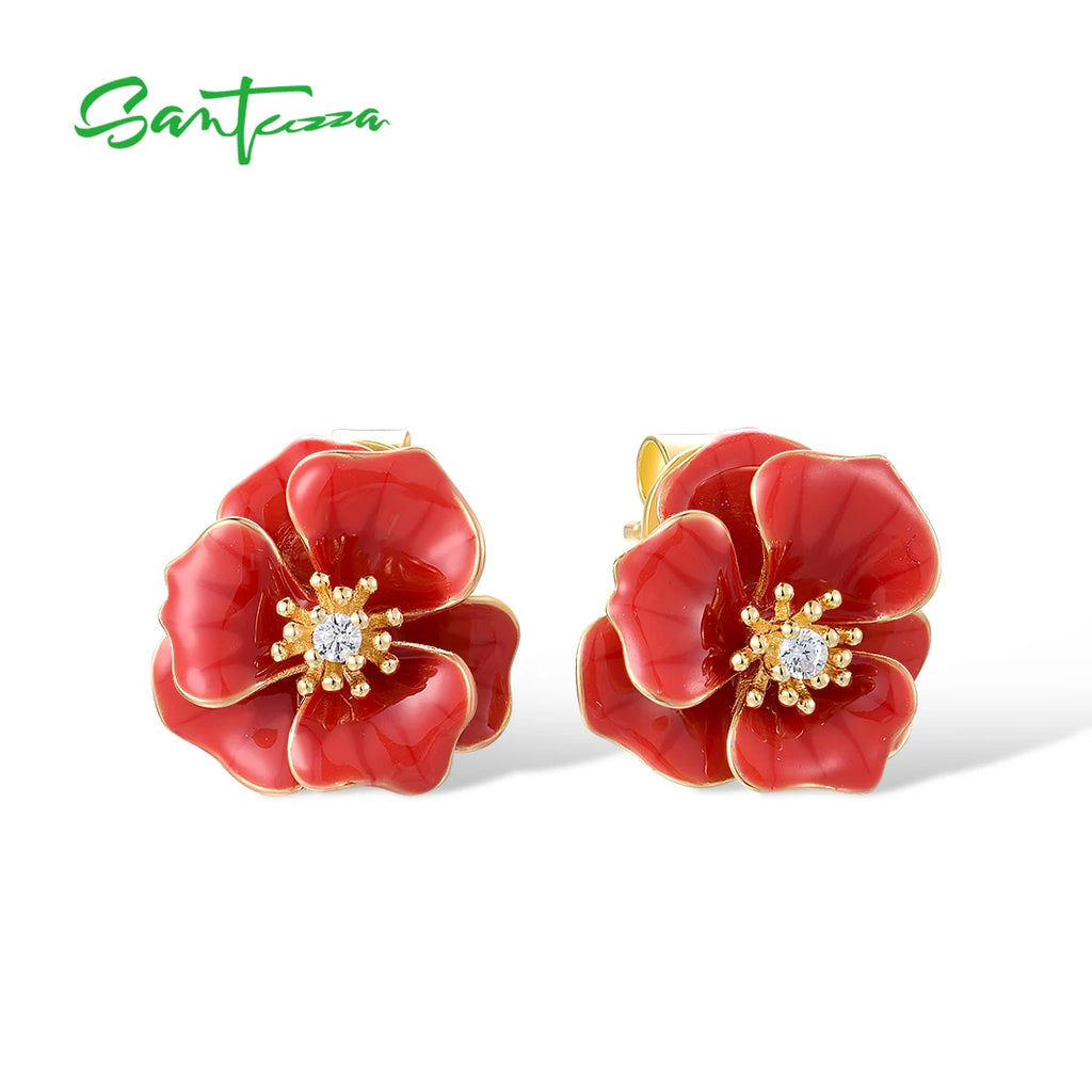 SANTUZZA Real 925 Sterling Silver Earrings For Women White CZ Red Enamel Blossom Flower Wedding Party Elegant Gift Fine Jewelry