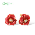 SANTUZZA Real 925 Sterling Silver Earrings For Women White CZ Red Enamel Blossom Flower Wedding Party Elegant Gift Fine Jewelry