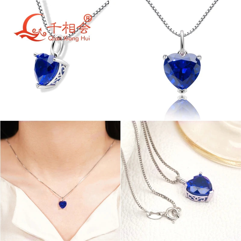 3.6ct 9*9mm S925 Silver Heart Shape Lab Grown Royal Blue/Cornflower Sapphire Pigeon Blood Red Inclusions Stone Pendant Necklace