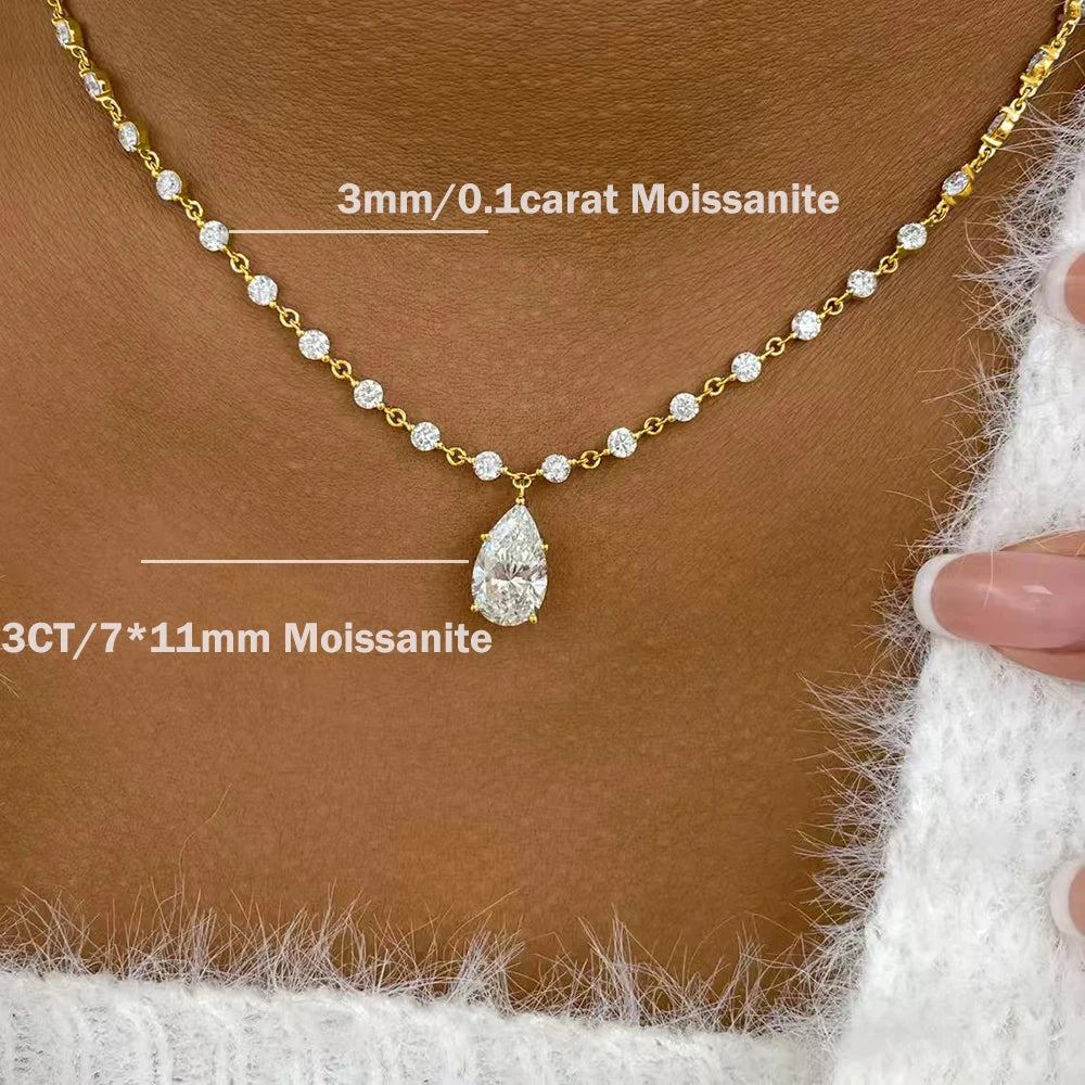 3MM Round Bubble Moissanite Diamond Tennis Neclace With 3carat Marquise Cut Pendant Neck Chain For Women 925 Silver Fine Jewelry