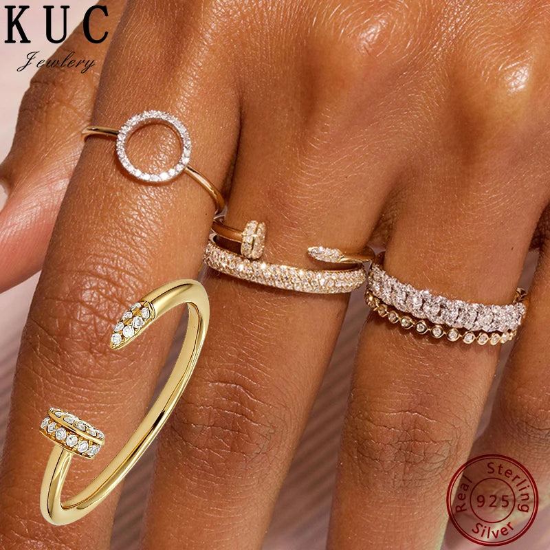 925 Sterling Silver Original Certificate Zircon Nail Open Cuff Ring For Women Fine Jewelry Gold Plated