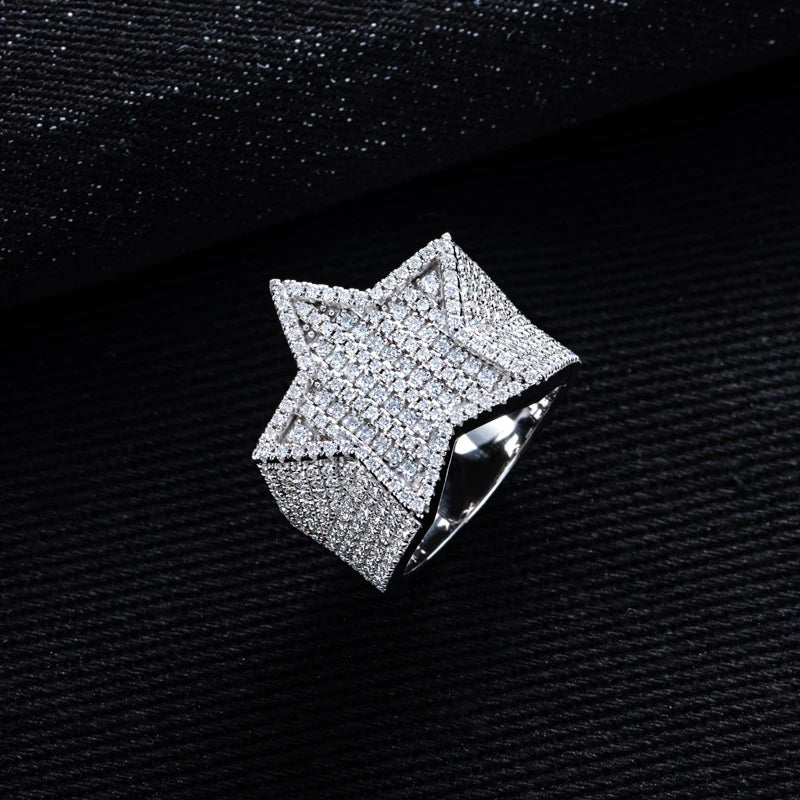 MossanRappr 1.54cttw New Moissanite Iced out Pentagram Ring 14K Gold Plated Hip Hop Ring Heavy Metal Fine Jewelry Gifts for Men