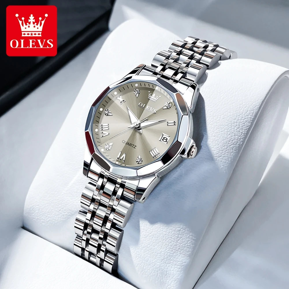 OLEVS Women Watches Elegant Luxury Stainless Steel Strap Original Quartz Wristwatch for Man Waterproof Luminous Date Trend Dress