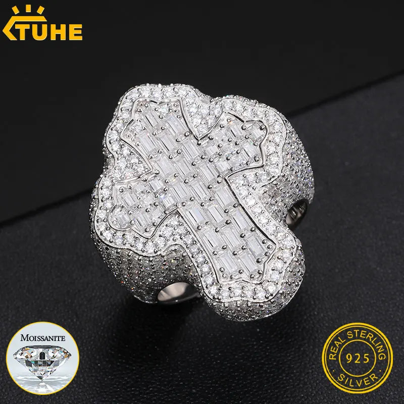 TUHE Unisex S925 Silver Rings Iced Out Baguette VVS1 Moissanite Cross Rings S925 Silver For Men Hip Hop Jewelry Men's Accessorie