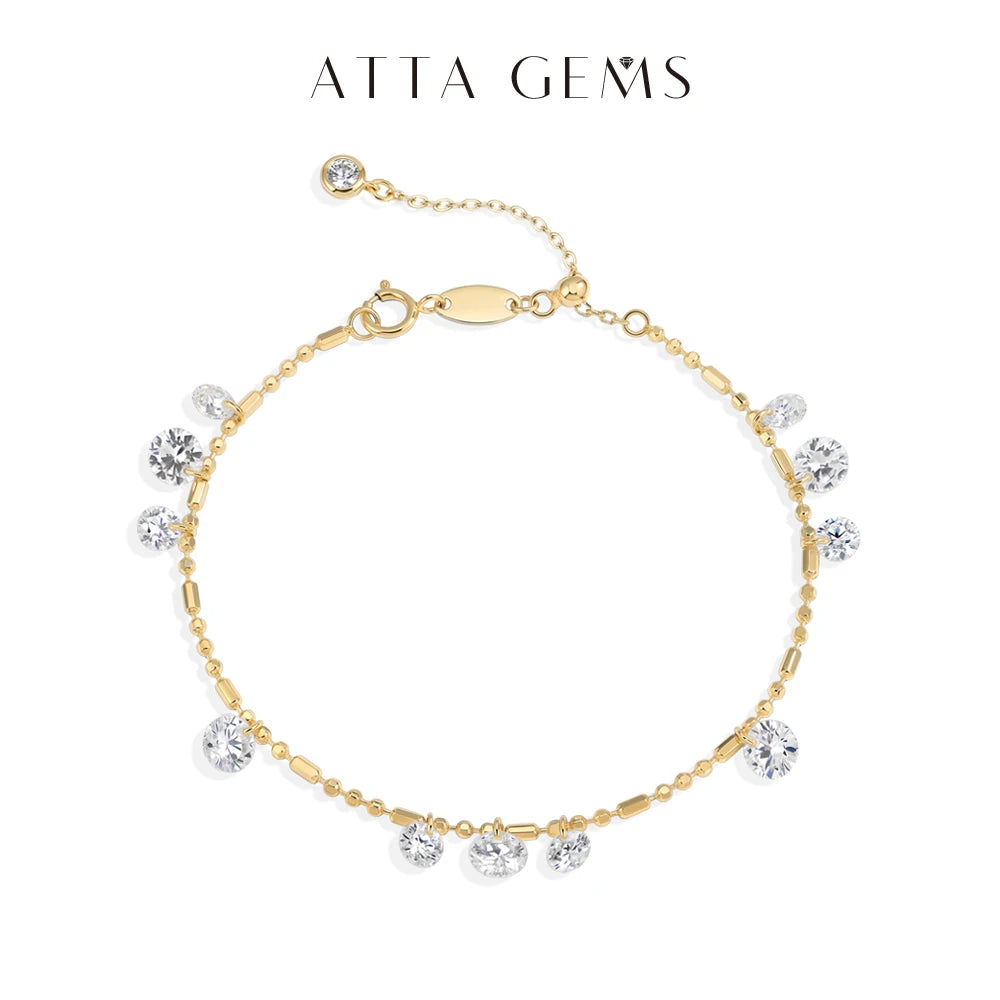 ATTAGEMS Round Cut Drilled Moissanite Bracelets Women S925 Silver Adjustable Beaded Chain Everyday Stackable Jewelry Party Gifts