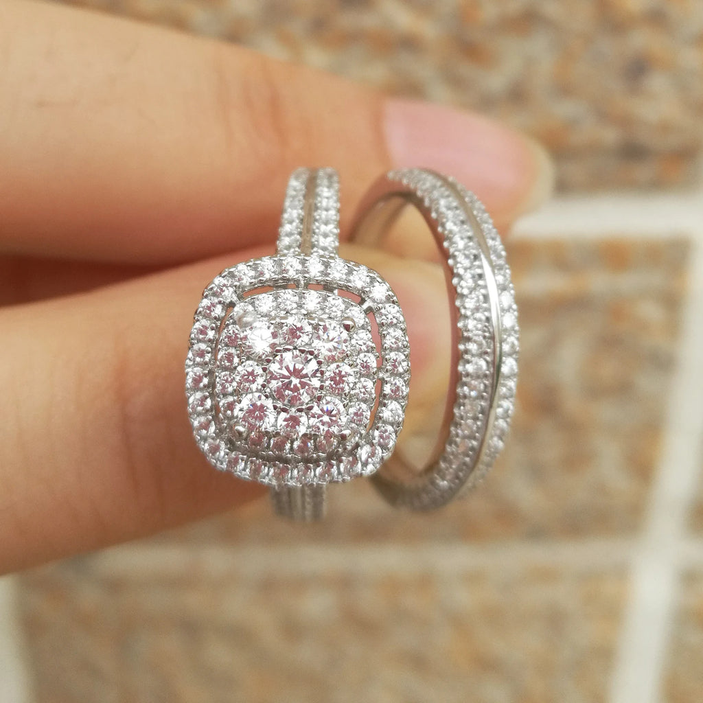 Newshe 2Pcs Moissanite Wedding Rings Set for Women White Gold Plated Halo Round Cut Engagement Bridal Ring