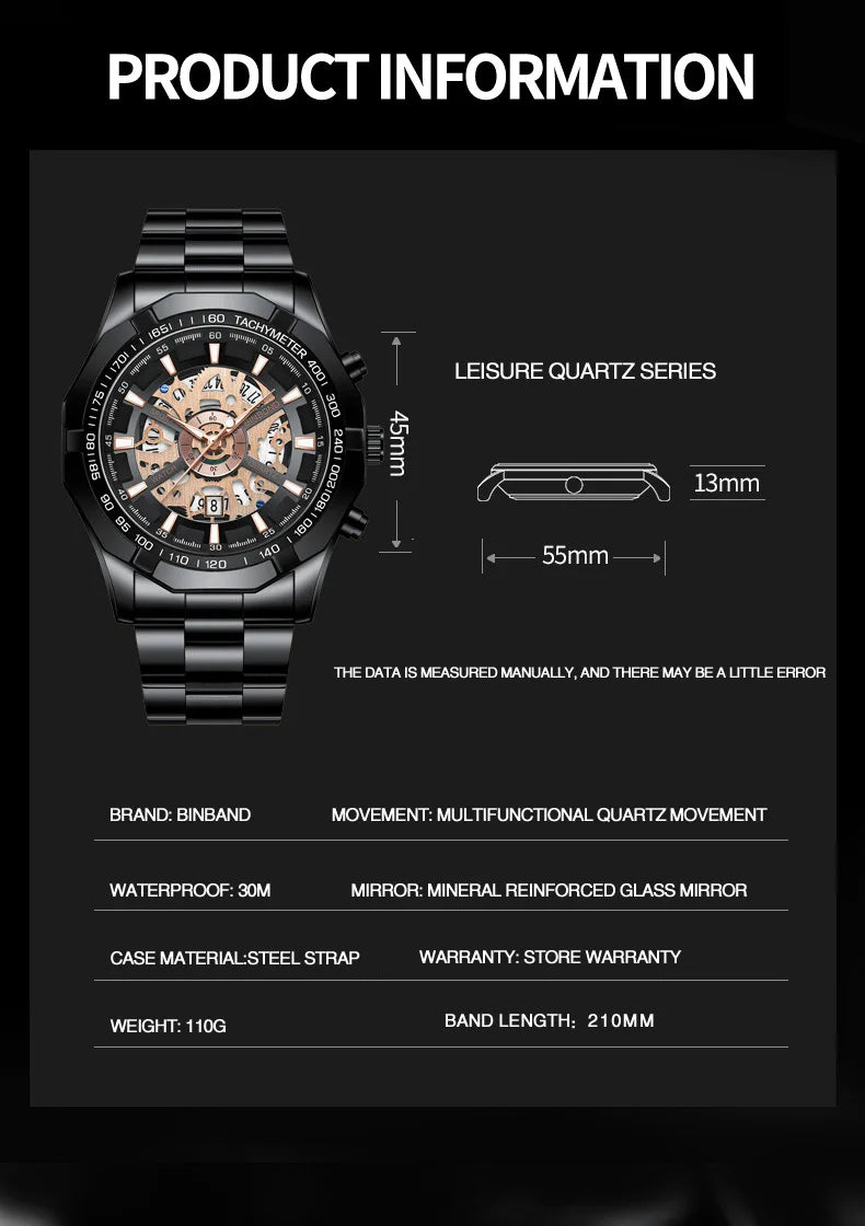 UTHAI Men Watch Light Luxury Brand Business Hollow Luminous Waterproof Stainless Steel Metal Strap Male fashion Quartz Watches