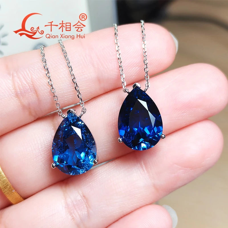 925 Silver Pear Shape 7ct 10x14mm Royal Blue/Cornflower Blue Lab Grown Created Sapphire Inclusions Stone Jewelry Pendant Necklac