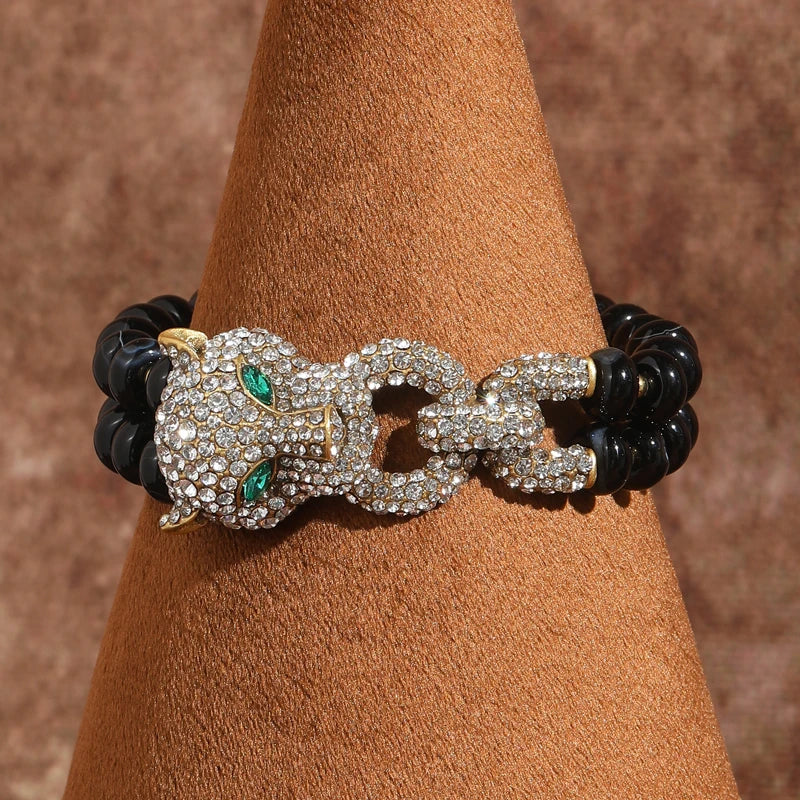Vintage Leopard Black Beaded Bracelets For Women Natural Stones Rhinestone Luxury Jewelry Designers Bangle Girlfriend Gift 2025