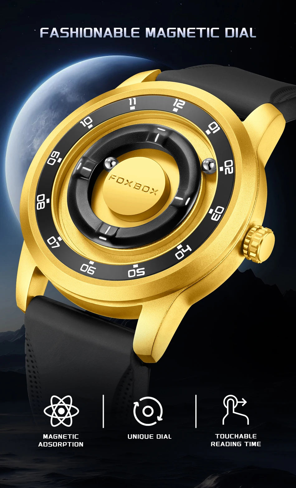 FOXBOX Watch Personalized Fashion Floating Magnetic Pointer Free Ball Bearing Creative Simple Waterproof Quartz Watch for Men
