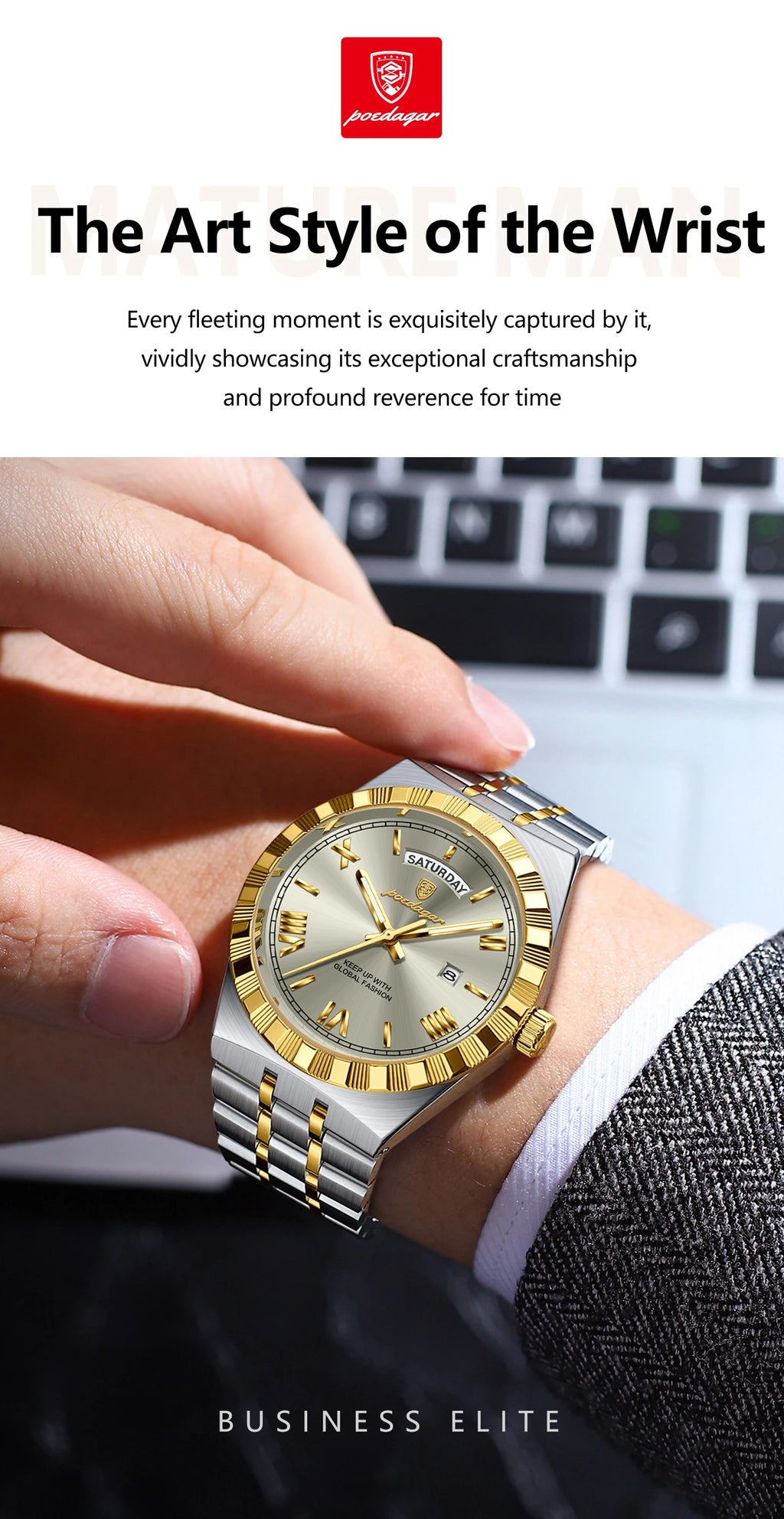 POEDAGAR Luxury Business Man Watch Week Date Waterproof Luminous Watches For Men Stainless Steel Quartz Men's Fashion Wristwatch