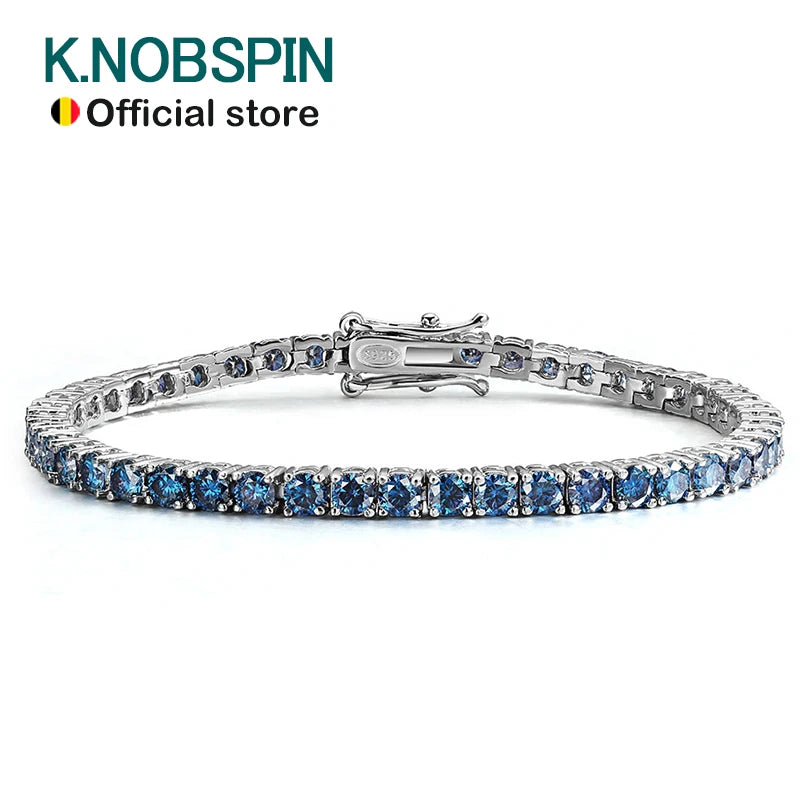 KNOBSPIN Blue Moissanite Tennis Bracelets for Women Man 3mm 4mm Lab Grow Diamond with Certificate 925 Silver Plated 18k Bracelet