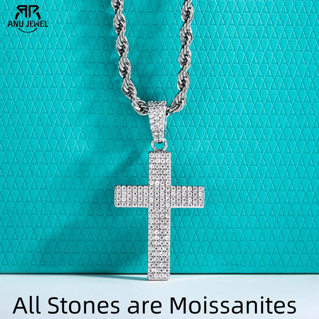 AnuJewel Dazzling 0.832cttw D Color Moissanite Cross Pendant Layered Hip Hop Necklace 925 Sterling Silver New Age Dope Jewelry