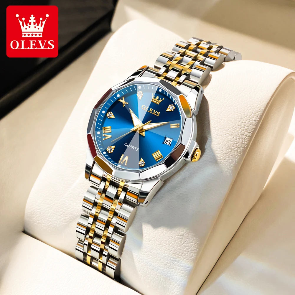 OLEVS Women Watches Elegant Luxury Stainless Steel Strap Original Quartz Wristwatch for Man Waterproof Luminous Date Trend Dress