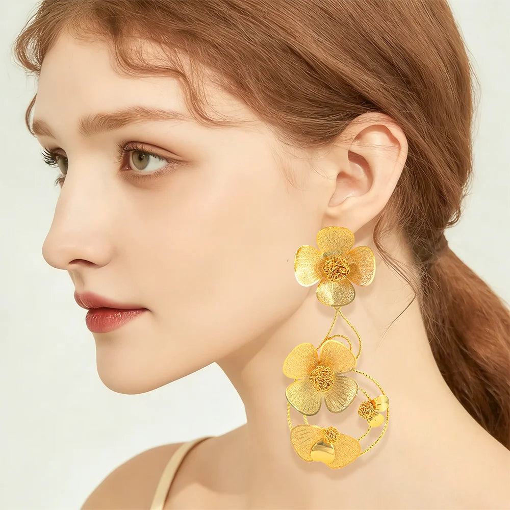 YTJX  18K Gold Color Flower Earrings For Women Design Geometric Hollow-out Big Earrings Party Jewelry  2025 New Christmas Gifts