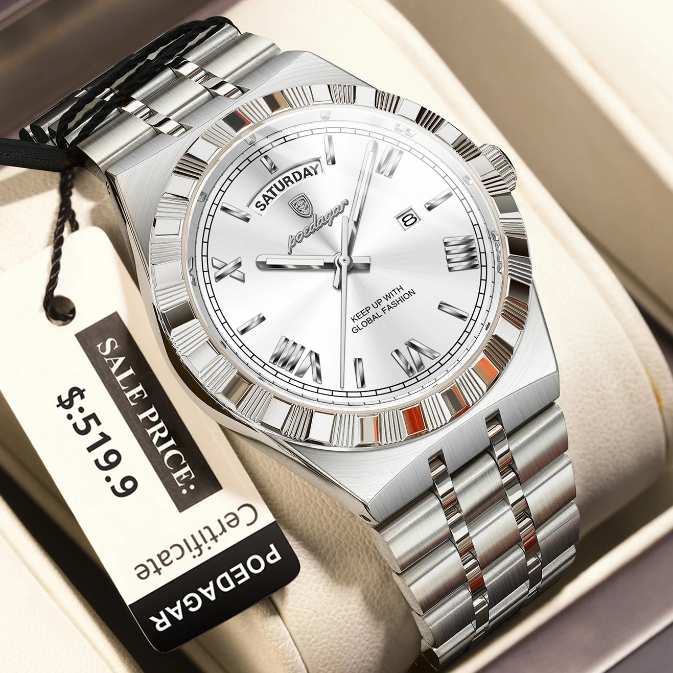 POEDAGAR Luxury Business Man Watch Week Date Waterproof Luminous Watches For Men Stainless Steel Quartz Men's Fashion Wristwatch