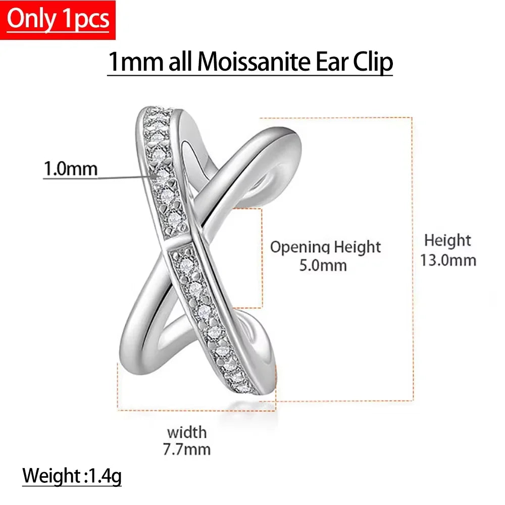 Serenity All D Moissanite Earrings for Women Men S925 Sterling Silver Lab Diamond Ear Clip Plated 18K No hole to wear Girl Gift