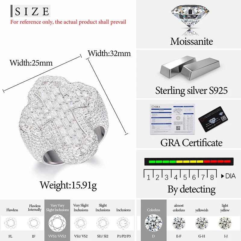 TUHE Unisex S925 Silver Rings Iced Out Baguette VVS1 Moissanite Cross Rings S925 Silver For Men Hip Hop Jewelry Men's Accessorie