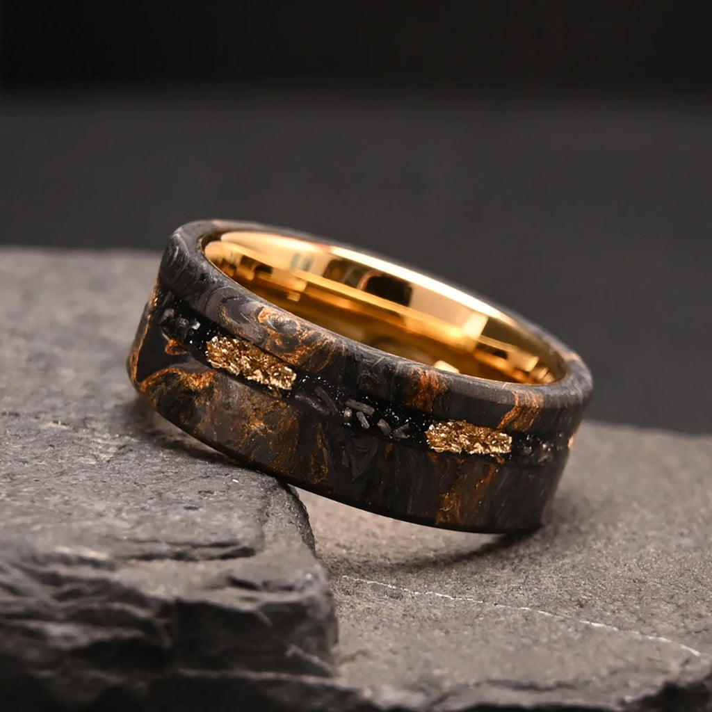 8MM Golden/Red Men's Tungsten Carbide Wedding Bands Fashion Carbon Fiber Ring Luxury Jewelry Inlaid Gold Leaf Meteorite Comfort