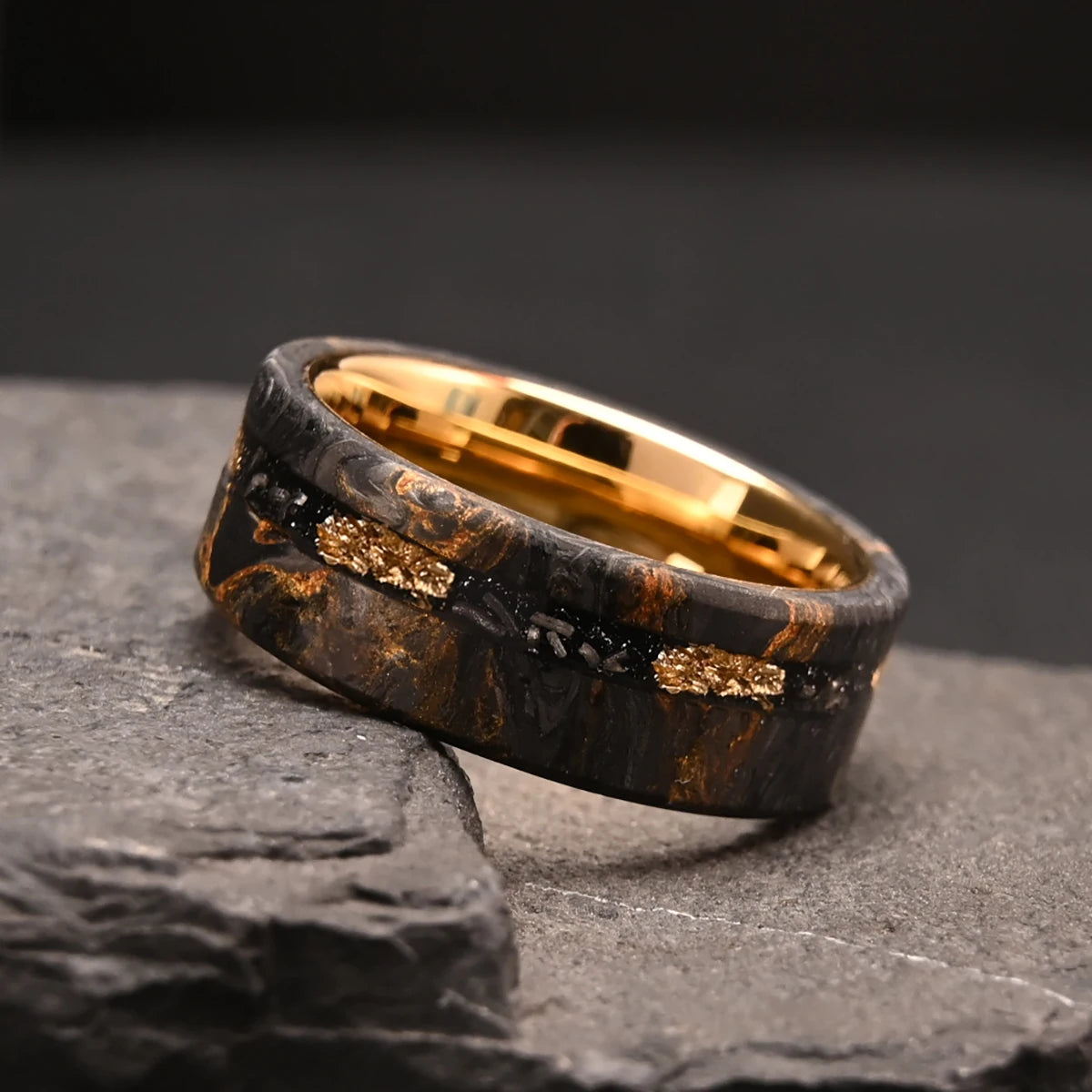 8MM Golden/Red Men's Tungsten Carbide Wedding Bands Fashion Carbon Fiber Ring Luxury Jewelry Inlaid Gold Leaf Meteorite Comfort