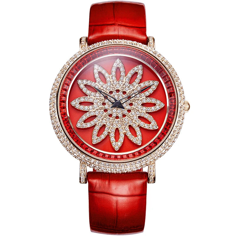 Davena Lady Women's Watch Spin Crystal Rhinestones Hours Fashion Real Leather Bracelet Luxury Girl's Birthday Gift Box