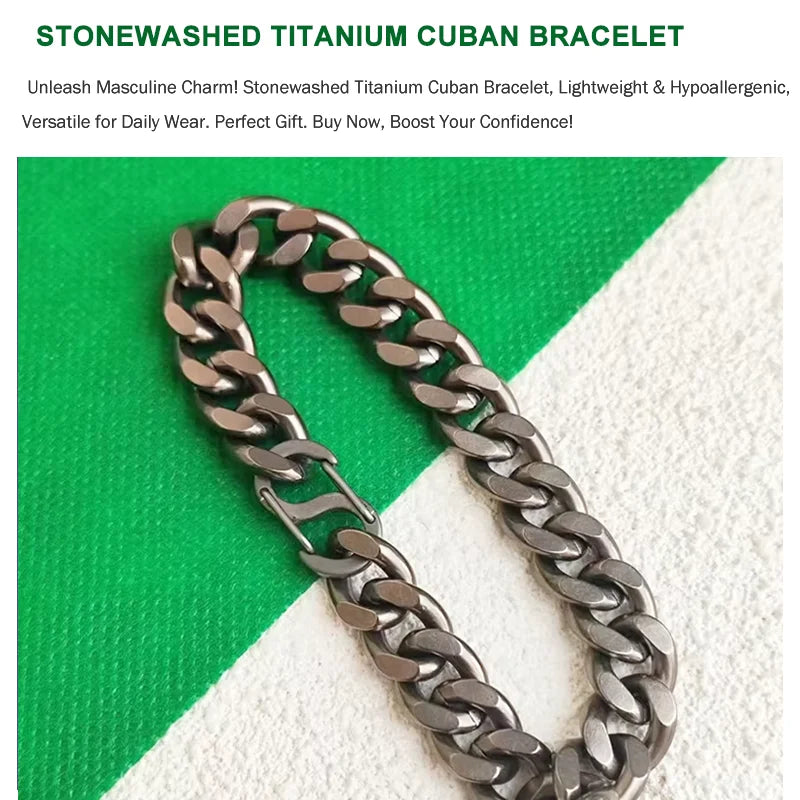 Titanium Bracelet for Men, Stonewashed Titanium Cuban Chain Bracelet, Hypoallergenic & Durable, 10.5mm Wide, 16cm 18cm 20cm 22cm
