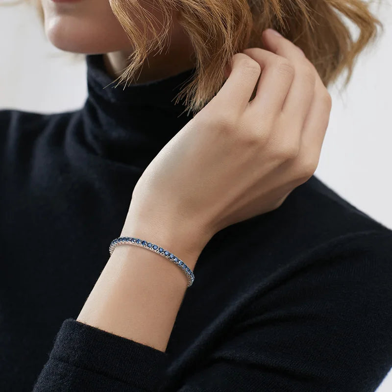 KNOBSPIN Blue Moissanite Tennis Bracelets for Women Man 3mm 4mm Lab Grow Diamond with Certificate 925 Silver Plated 18k Bracelet