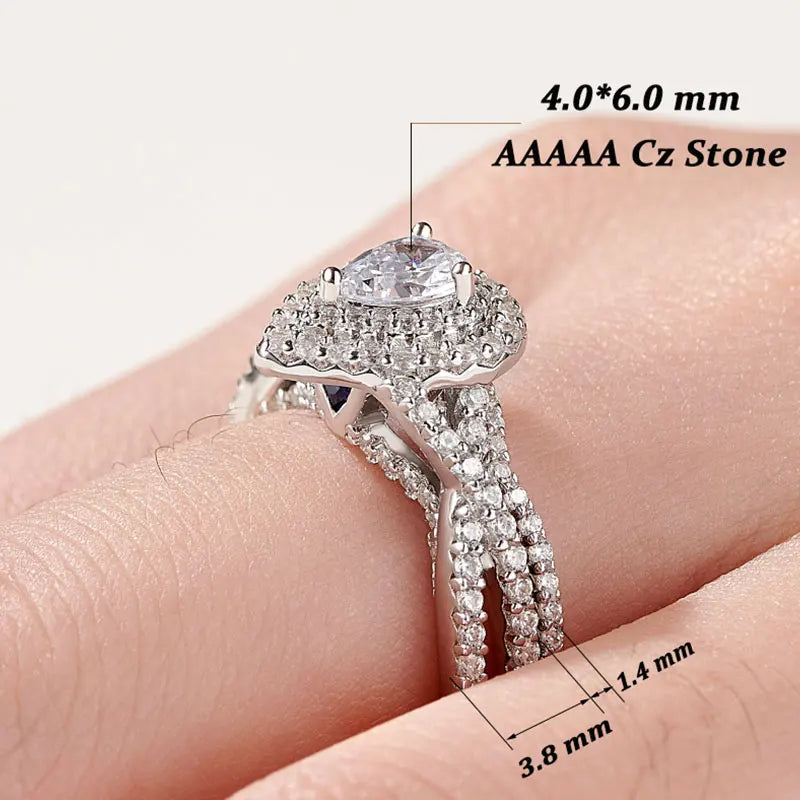 Newshe 2 Pcs 925 Sterling Silver AAAAA Zircon Moissanite Wedding Rings for Women Engagement Ring Sets Pear Shape Teardrop