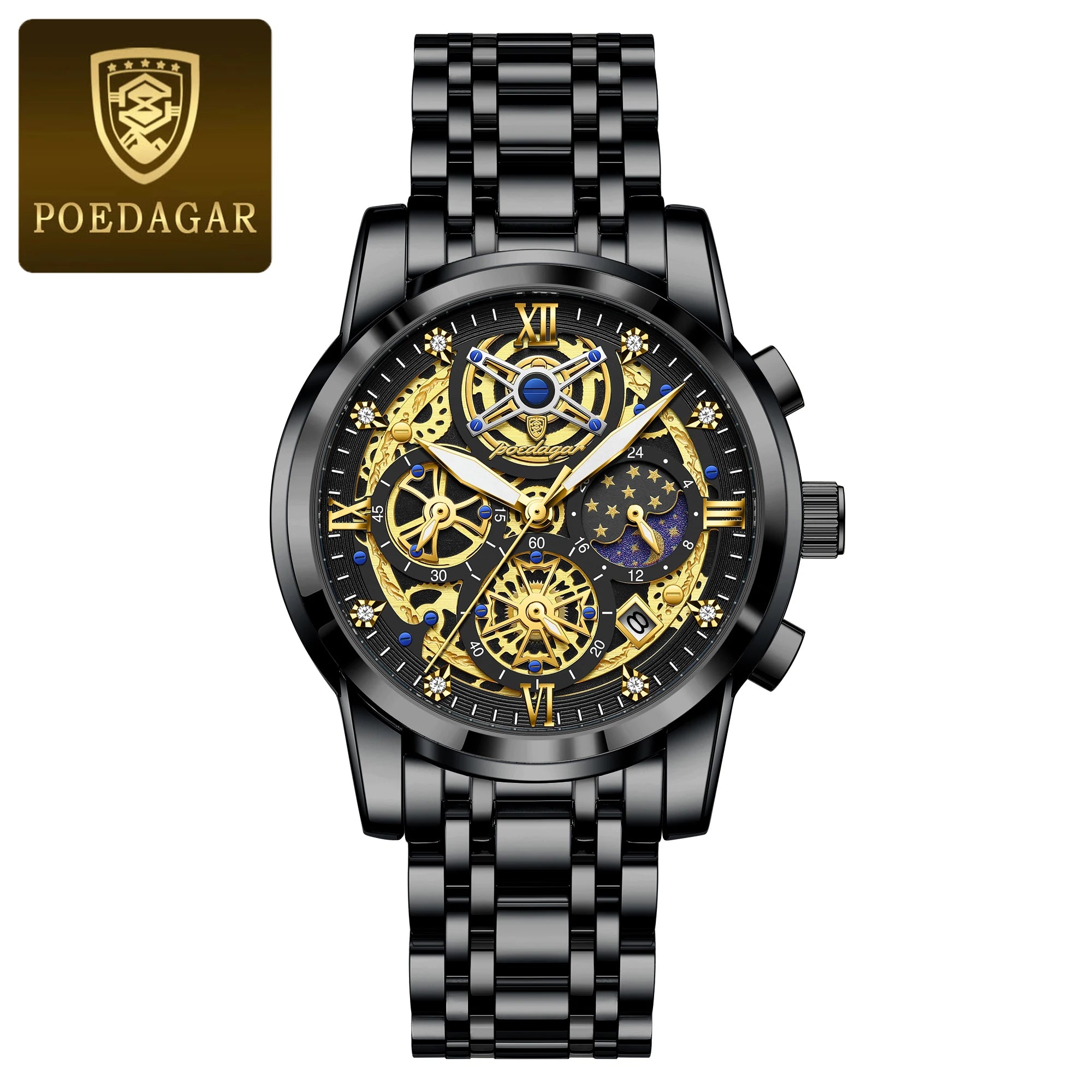 POEDAGAR Luxury Men's Quartz Watches Stainless Steel Date Chronograph Men Wristwatch Waterproof Luminous Fashion Man Watch Reloj