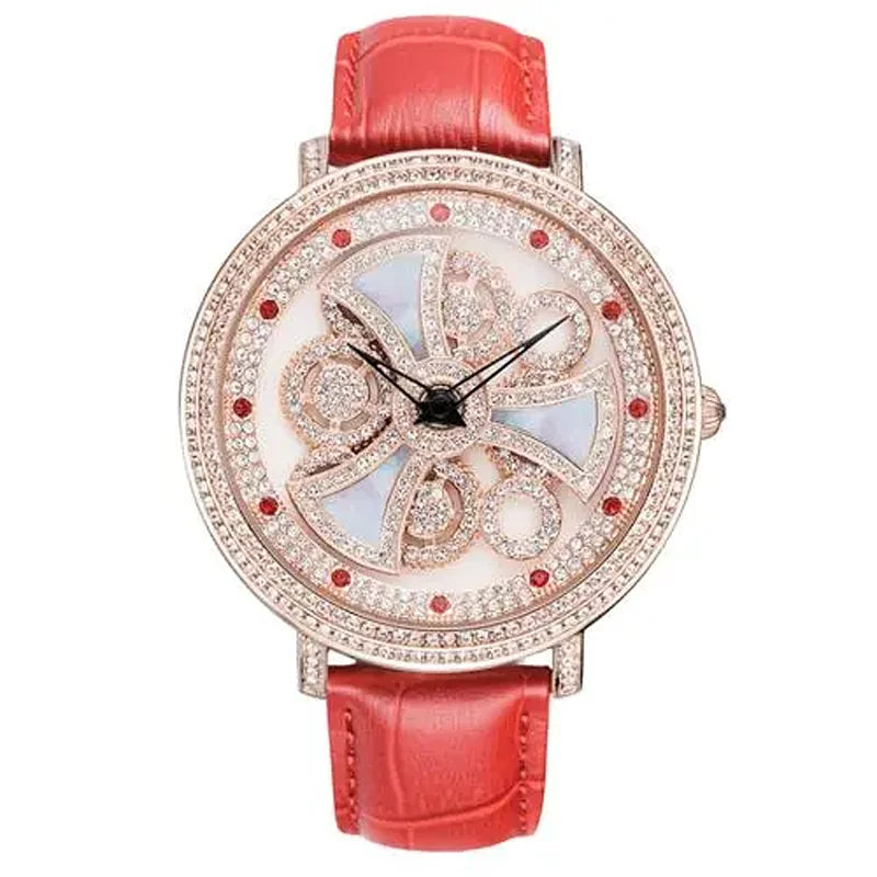 Davena Lady Women's Watch Spin Crystal Rhinestones Hours Fashion Real Leather Bracelet Luxury Girl's Birthday Gift Box