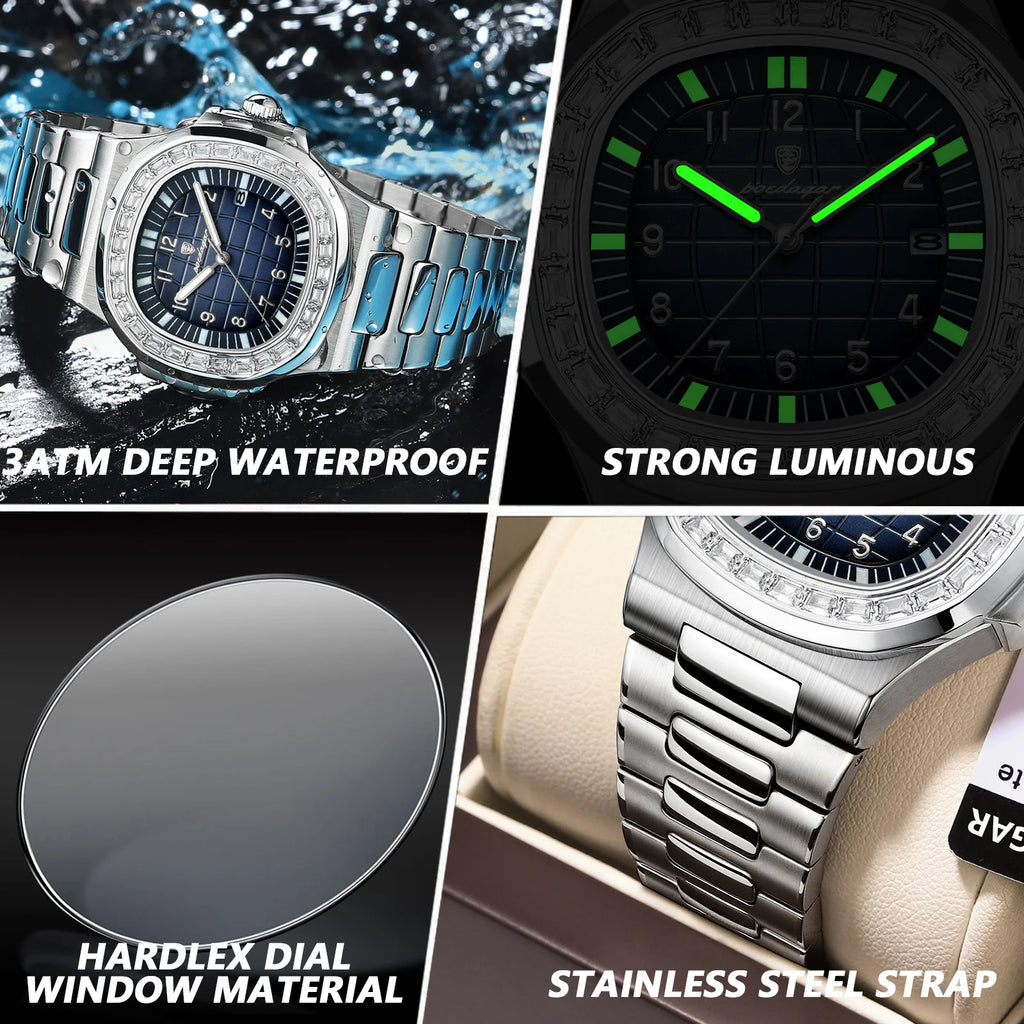 POEDAGAR Luxury Square Watches for Men Waterproof Luminous Date Man Wristwatch Stainless Steel Fashion Men's Quartz Watch Reloj