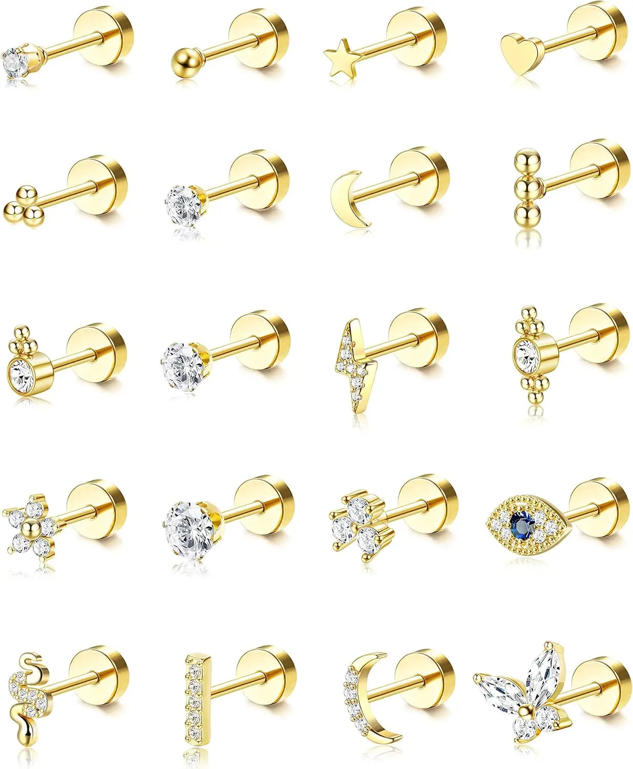 Bobisty 20PCS Flat Back Stud Earrings Surgical Steel Cartilage Earrings Tiny Ball Heart Star 20G Small Hypoallergenic Studs Set