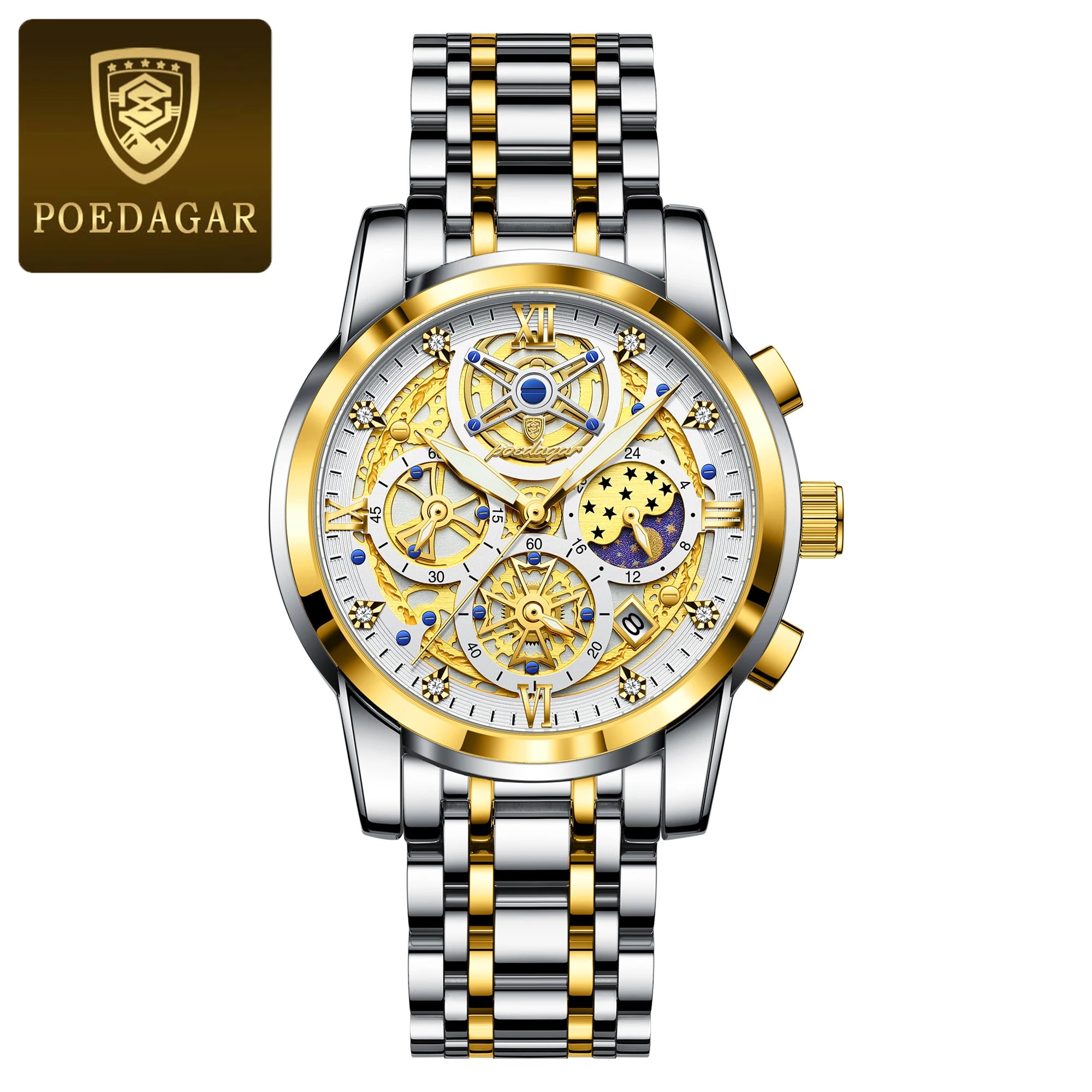 POEDAGAR Luxury Men's Quartz Watches Stainless Steel Date Chronograph Men Wristwatch Waterproof Luminous Fashion Man Watch Reloj