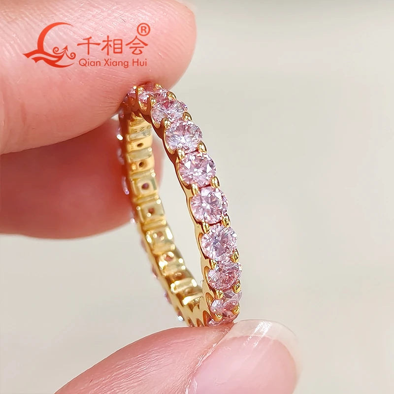 3mm 0.1ct Pink Color Round Moissanite Full Eternity Ring Band Yellow / Rose Gold Plated S925 Silver Diamond Engagement Jewelry