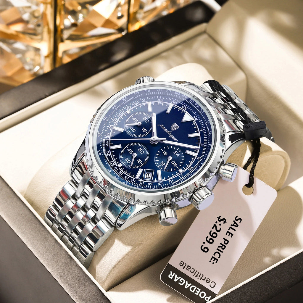 POEDAGAR Luxury Sport Man Watch Chronograph Date Waterproof Luminous Men's Quartz Watches Stainless Steel Fashion Men Wristwatch