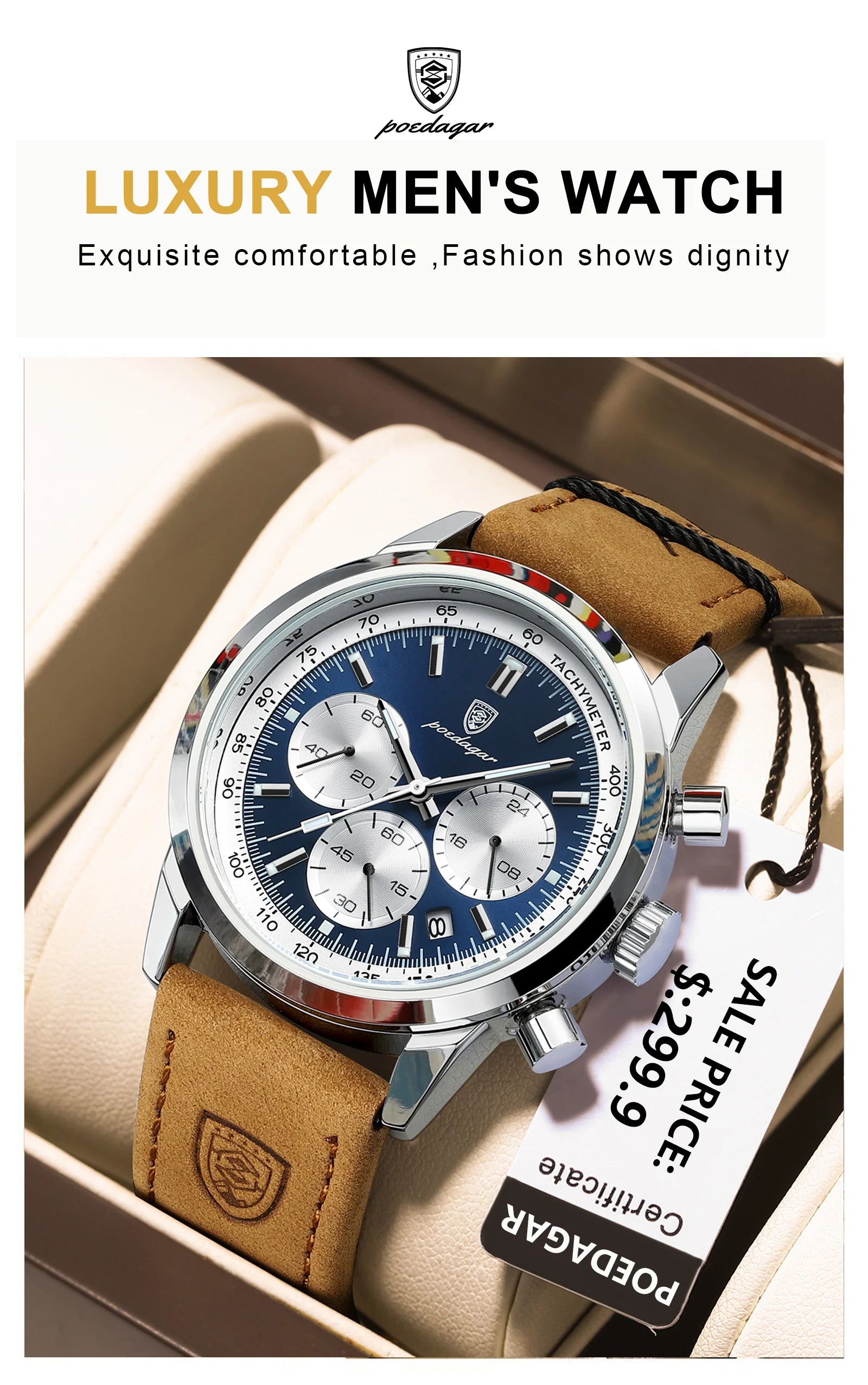POEDAGAR Luxury Men's Quartz Wristwatch Chronograph Date Leather Man Watch Waterproof Luminous High Quality Fashion Men Watches
