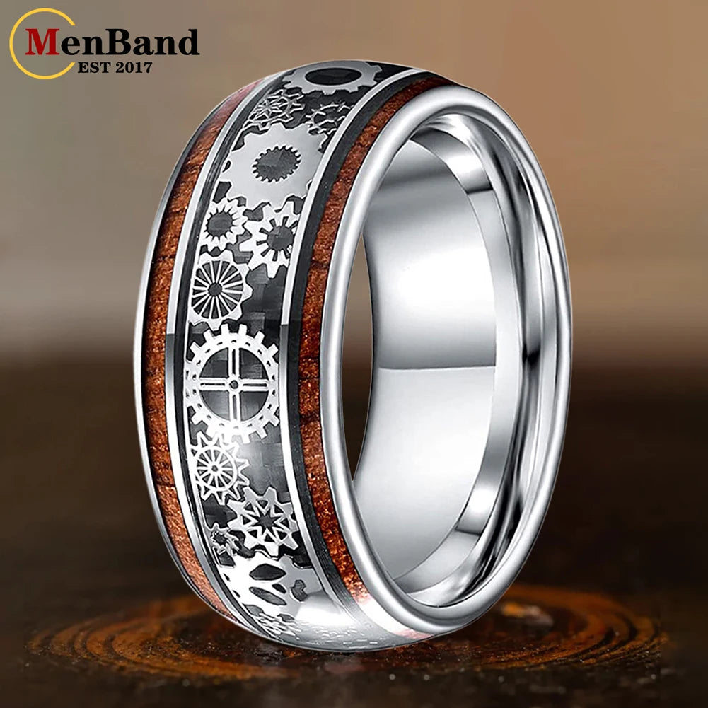 MenBand Finish 10MM Men Women Gear Ring Tungsten Wedding Band Domed With Wood Inlay Comfort Fit Size 7-15