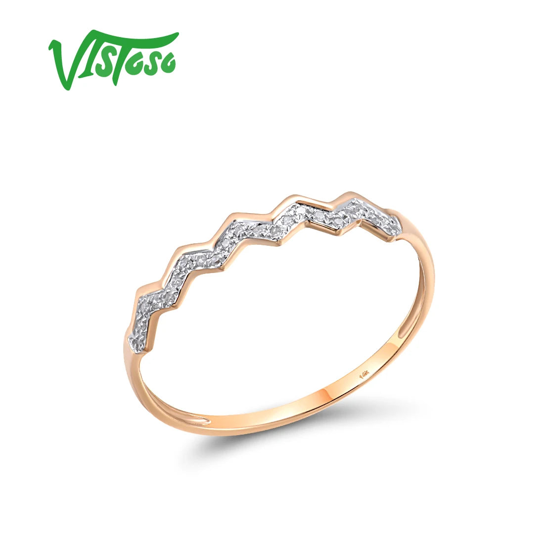 VISTOSO Pure 14K 585 Rose Yellow White Gold Ring For Women Sparkling Diamonds Stackable Engagement Delicate Wave Fine Jewelry