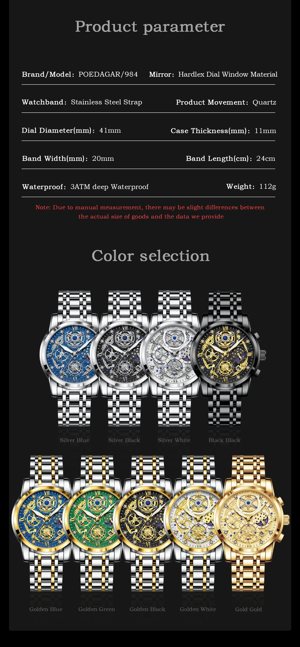 POEDAGAR Luxury Men's Quartz Watches Stainless Steel Date Chronograph Men Wristwatch Waterproof Luminous Fashion Man Watch Reloj