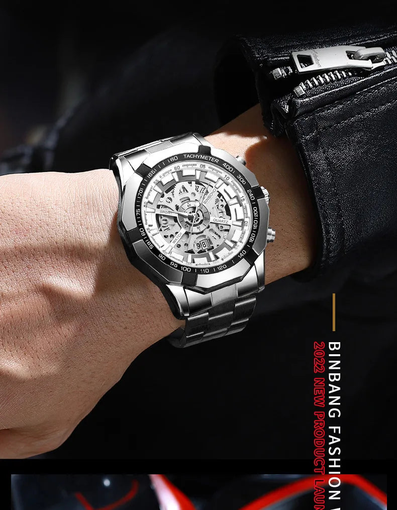 UTHAI Men Watch Light Luxury Brand Business Hollow Luminous Waterproof Stainless Steel Metal Strap Male fashion Quartz Watches