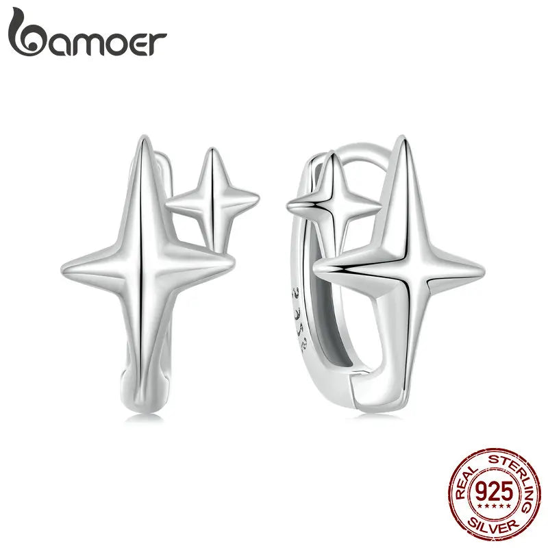 BAMOER Solid 925 Sterling Silver Starlight Hoop Earrings for Women Teens Double Star Huggie Earrings Minimalist Fine Jewelry