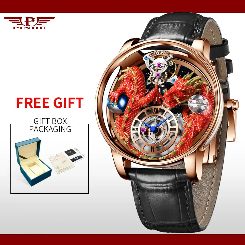 PINDU New Watchmakings House of Dragons Astronomia Art 3D Gold Dragon Astronomia Quartz Watch Men Astronomia Solar Montre Homme