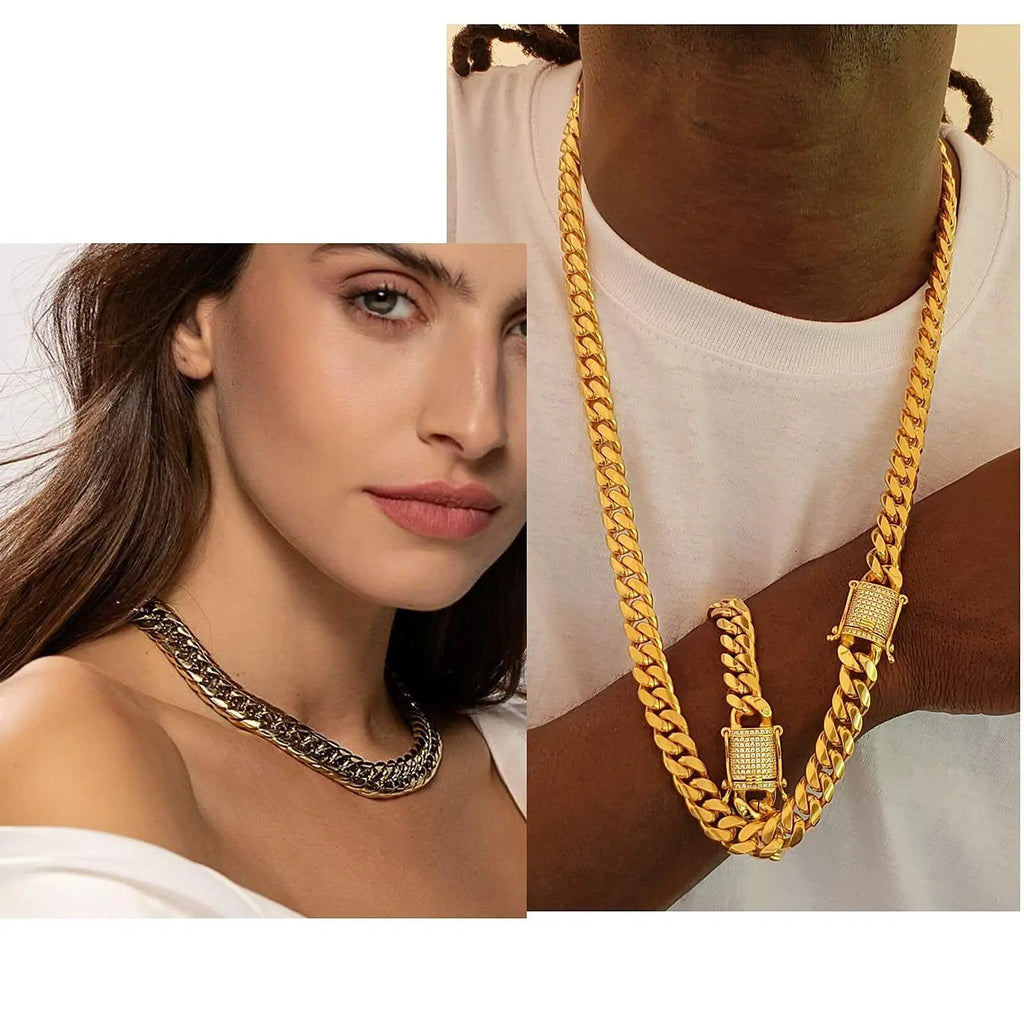 New Arrival 8mm-18mm Stainless Steel Miami Curb Cuban Chain Bracelet Necklace for Women Men jewelry Casting Crystal Lock