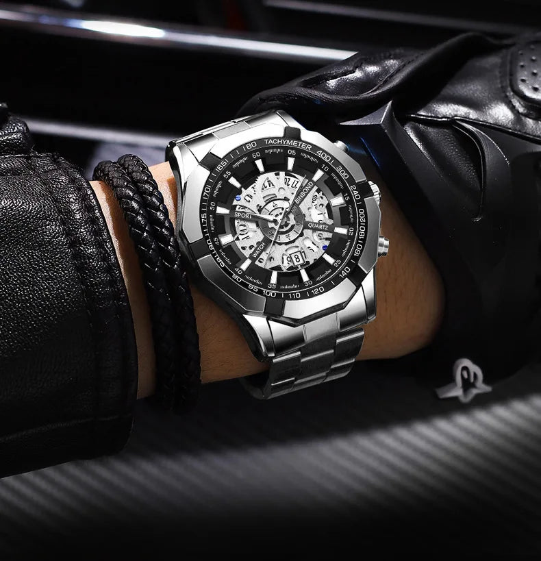 UTHAI Men Watch Light Luxury Brand Business Hollow Luminous Waterproof Stainless Steel Metal Strap Male fashion Quartz Watches