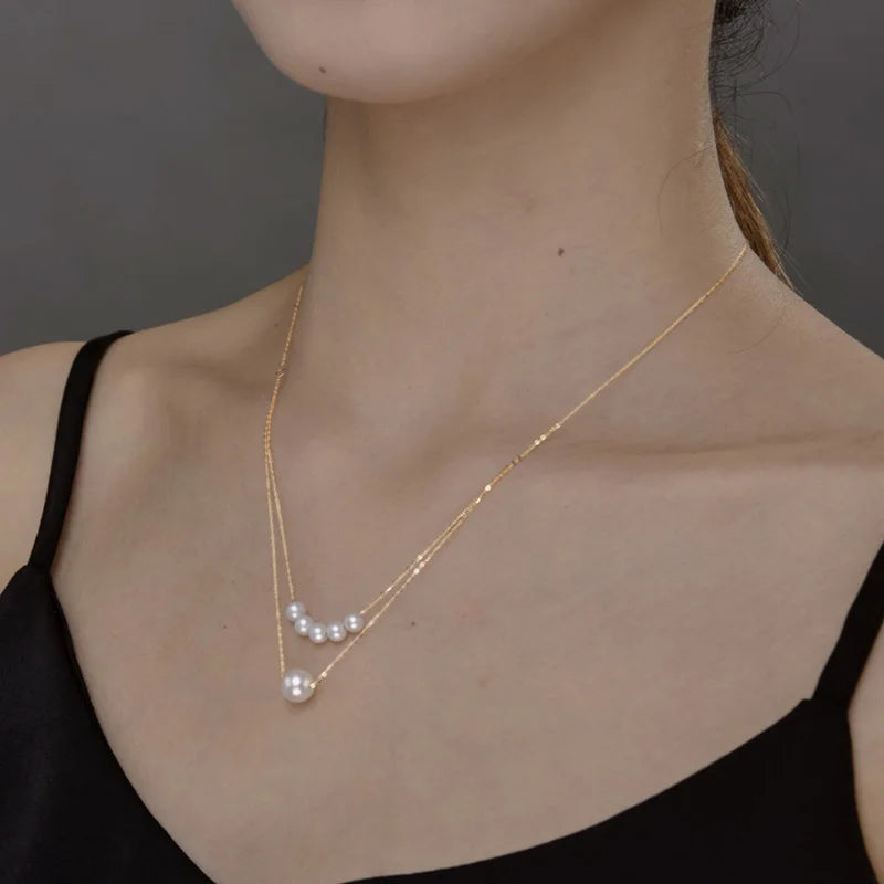 NYMPH Real 18K Gold Akoya Pearl Necklace Au750 Fine Jewelry White Round Aniversary Gift For Women Double Layer X529