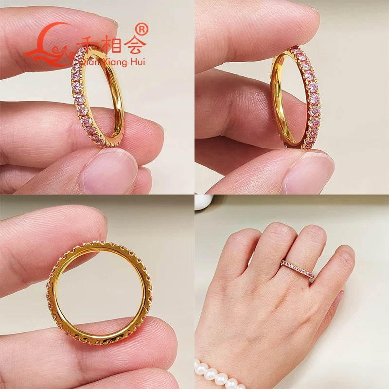 Pink Color 2mm Round Moissanite Full Eternity Ring Band Yellow / Rose Gold Plated S925 Silver Diamond Engagement Jewelry